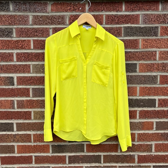 Express Yellow Portofino Chiffon Adjustable Sleeve Collared Top - Picture 1 of 3